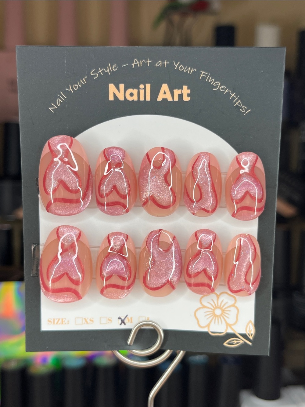 Press-On Nails Peachy Pink Cat eye Swirl heart design medium short oval